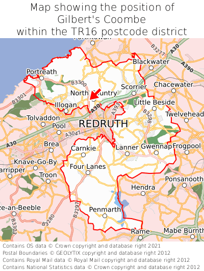 Map showing location of Gilbert's Coombe within TR16