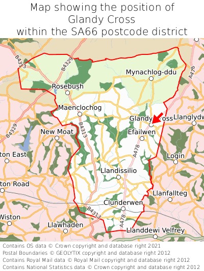 Map showing location of Glandy Cross within SA66