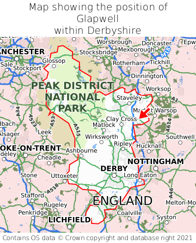 Map showing location of Glapwell within Derbyshire