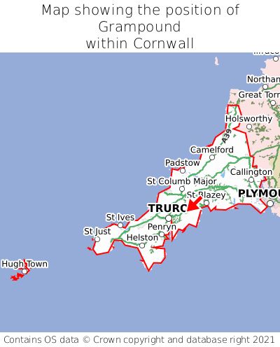 Map showing location of Grampound within Cornwall