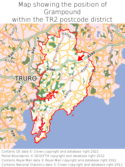 Map showing location of Grampound within TR2