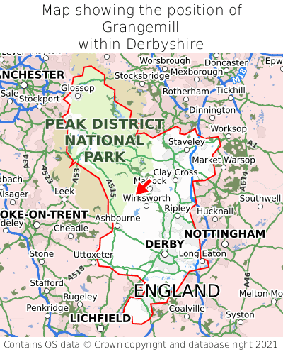 Map showing location of Grangemill within Derbyshire