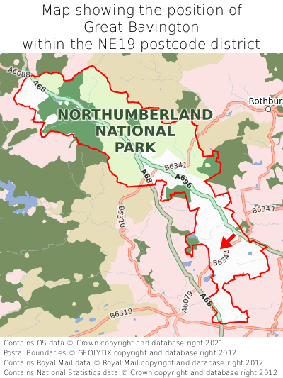 Map showing location of Great Bavington within NE19