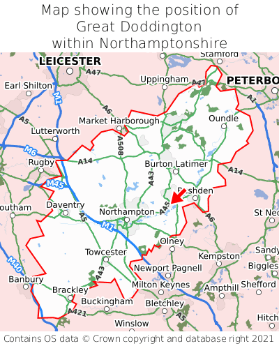 Map showing location of Great Doddington within Northamptonshire