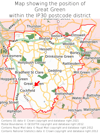 Map showing location of Great Green within IP30