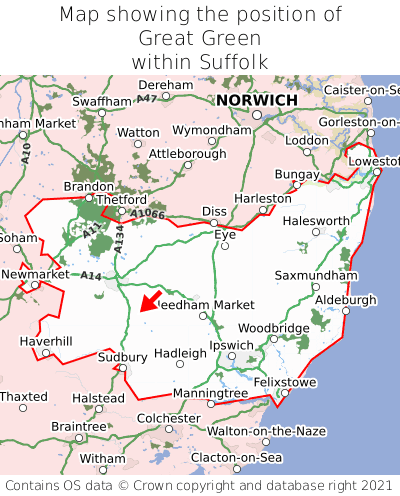 Map showing location of Great Green within Suffolk