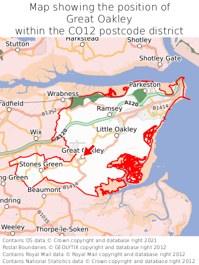 Map showing location of Great Oakley within CO12