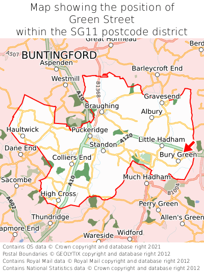 Map showing location of Green Street within SG11