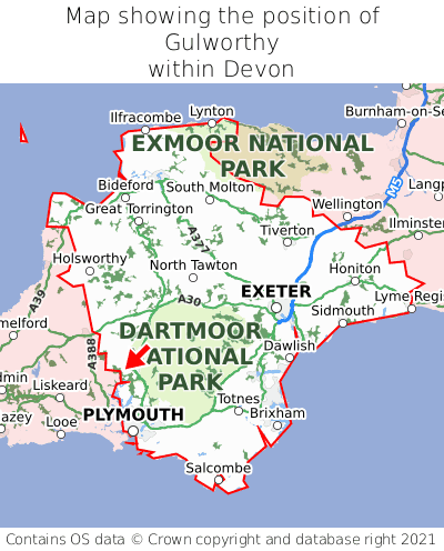 Map showing location of Gulworthy within Devon