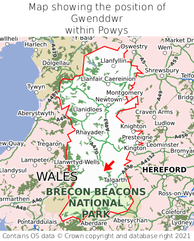 Map showing location of Gwenddwr within Powys