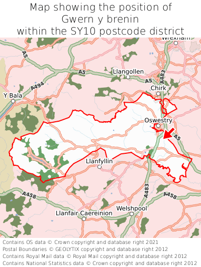 Map showing location of Gwern y brenin within SY10