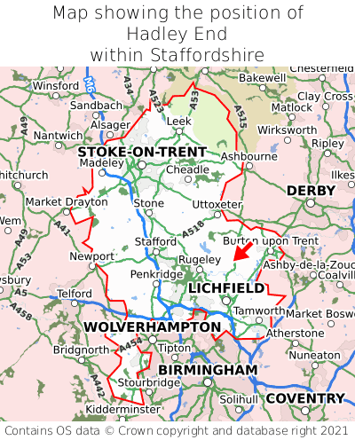 Map showing location of Hadley End within Staffordshire