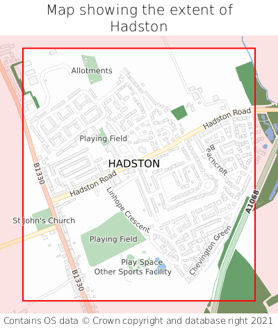 Map showing extent of Hadston as bounding box