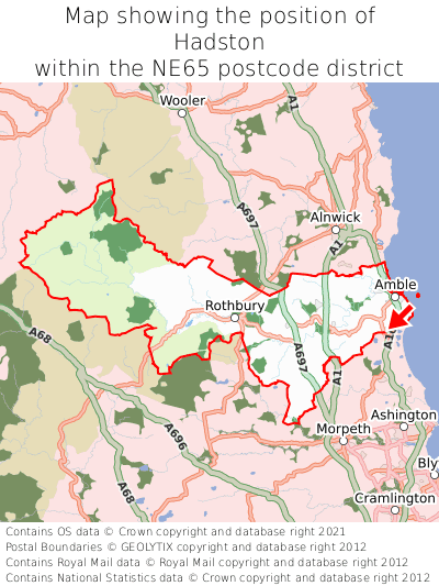 Map showing location of Hadston within NE65