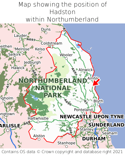 Map showing location of Hadston within Northumberland
