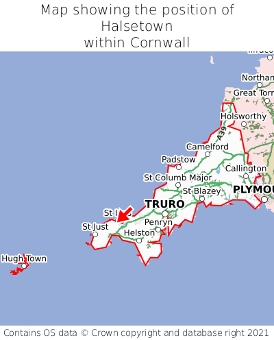 Map showing location of Halsetown within Cornwall