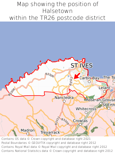 Map showing location of Halsetown within TR26