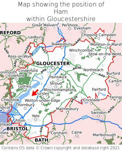 Map showing location of Ham within Gloucestershire