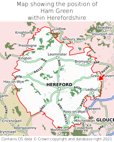 Map showing location of Ham Green within Herefordshire