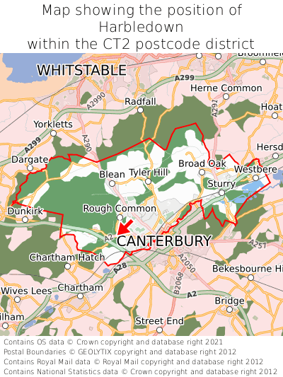 Map showing location of Harbledown within CT2