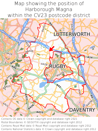 Map showing location of Harborough Magna within CV23