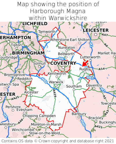 Map showing location of Harborough Magna within Warwickshire