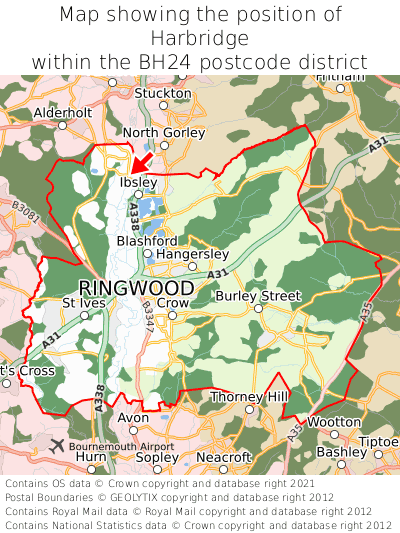 Map showing location of Harbridge within BH24