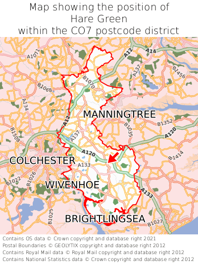 Map showing location of Hare Green within CO7