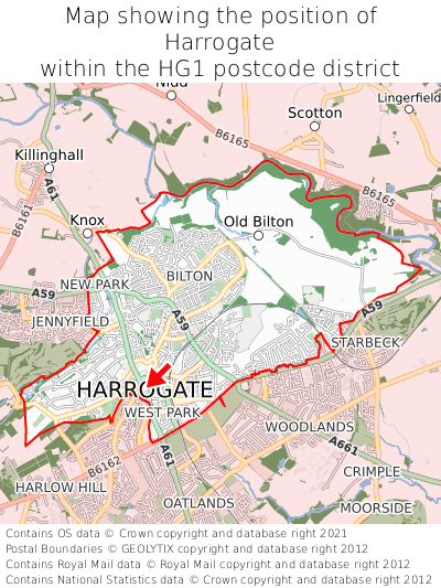 Map showing location of Harrogate within HG1
