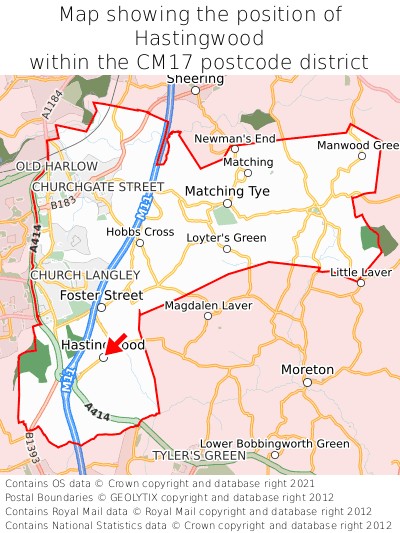 Map showing location of Hastingwood within CM17