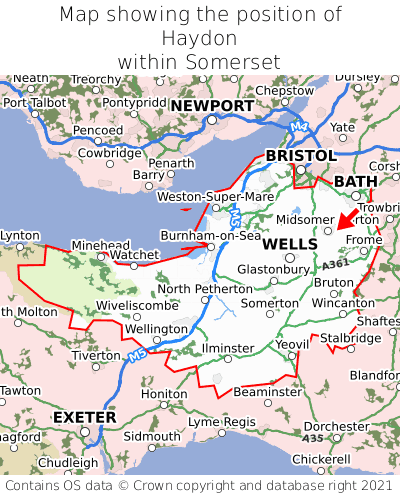 Map showing location of Haydon within Somerset