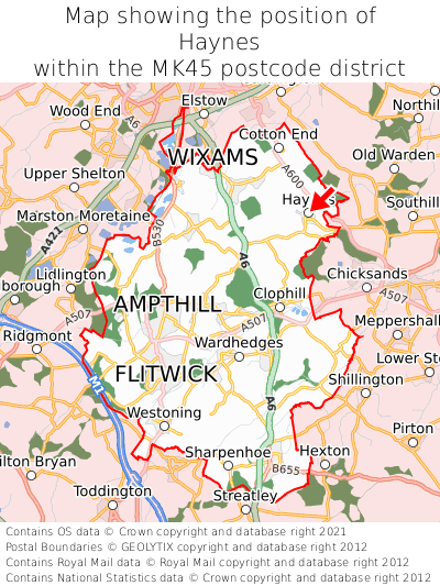 Map showing location of Haynes within MK45