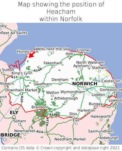 Map showing location of Heacham within Norfolk