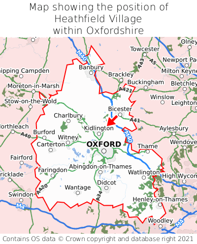 Map showing location of Heathfield Village within Oxfordshire