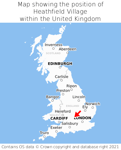 Map showing location of Heathfield Village within the UK