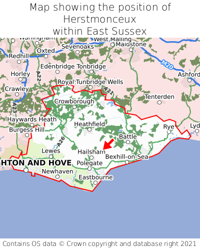 Map showing location of Herstmonceux within East Sussex