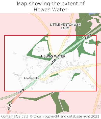 Map showing extent of Hewas Water as bounding box