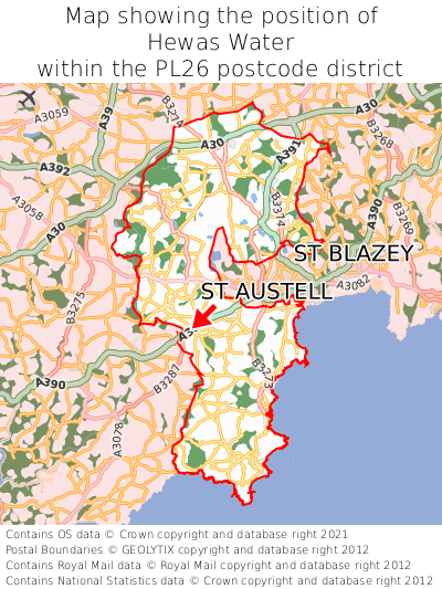 Map showing location of Hewas Water within PL26