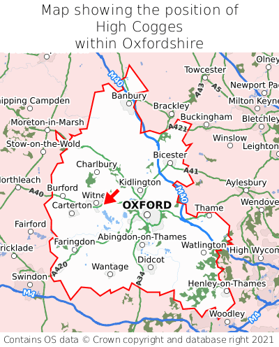 Map showing location of High Cogges within Oxfordshire