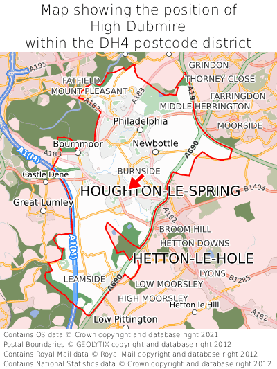 Map showing location of High Dubmire within DH4