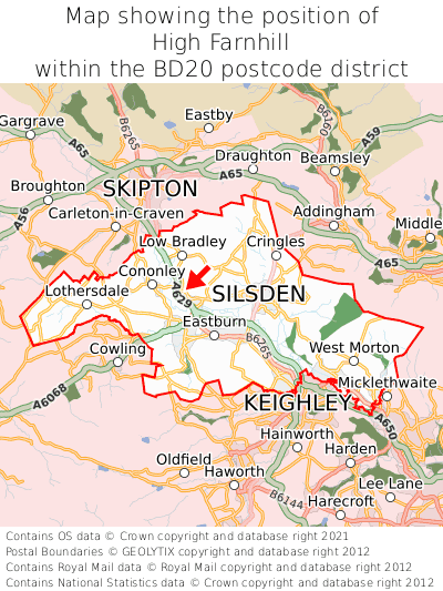 Map showing location of High Farnhill within BD20