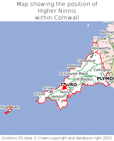 Map showing location of Higher Ninnis within Cornwall