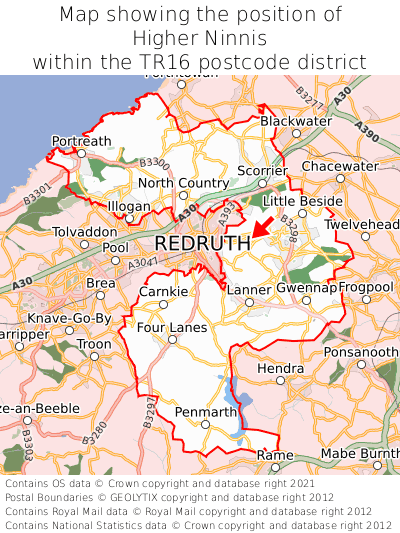 Map showing location of Higher Ninnis within TR16