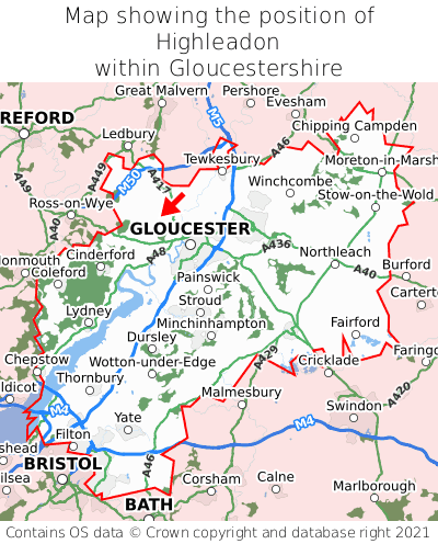 Map showing location of Highleadon within Gloucestershire