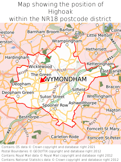 Map showing location of Highoak within NR18