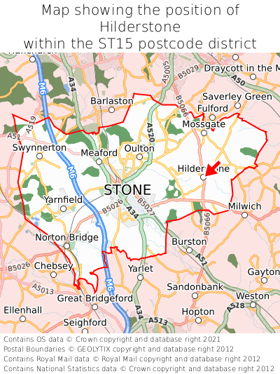 Map showing location of Hilderstone within ST15