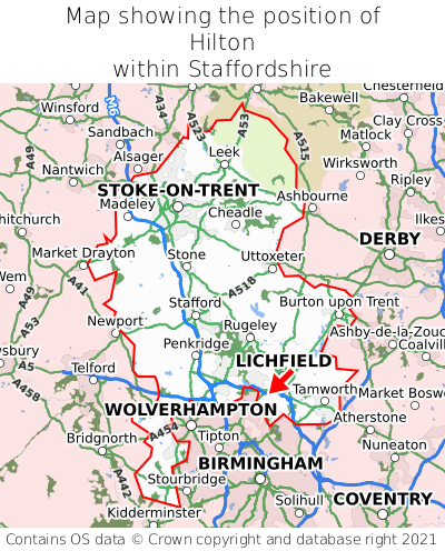 Map showing location of Hilton within Staffordshire