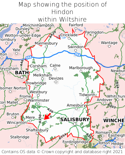 Map showing location of Hindon within Wiltshire
