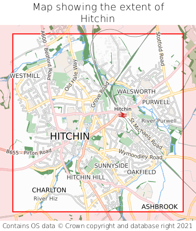 Map showing extent of Hitchin as bounding box