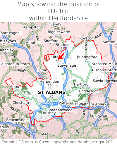 Map showing location of Hitchin within Hertfordshire
